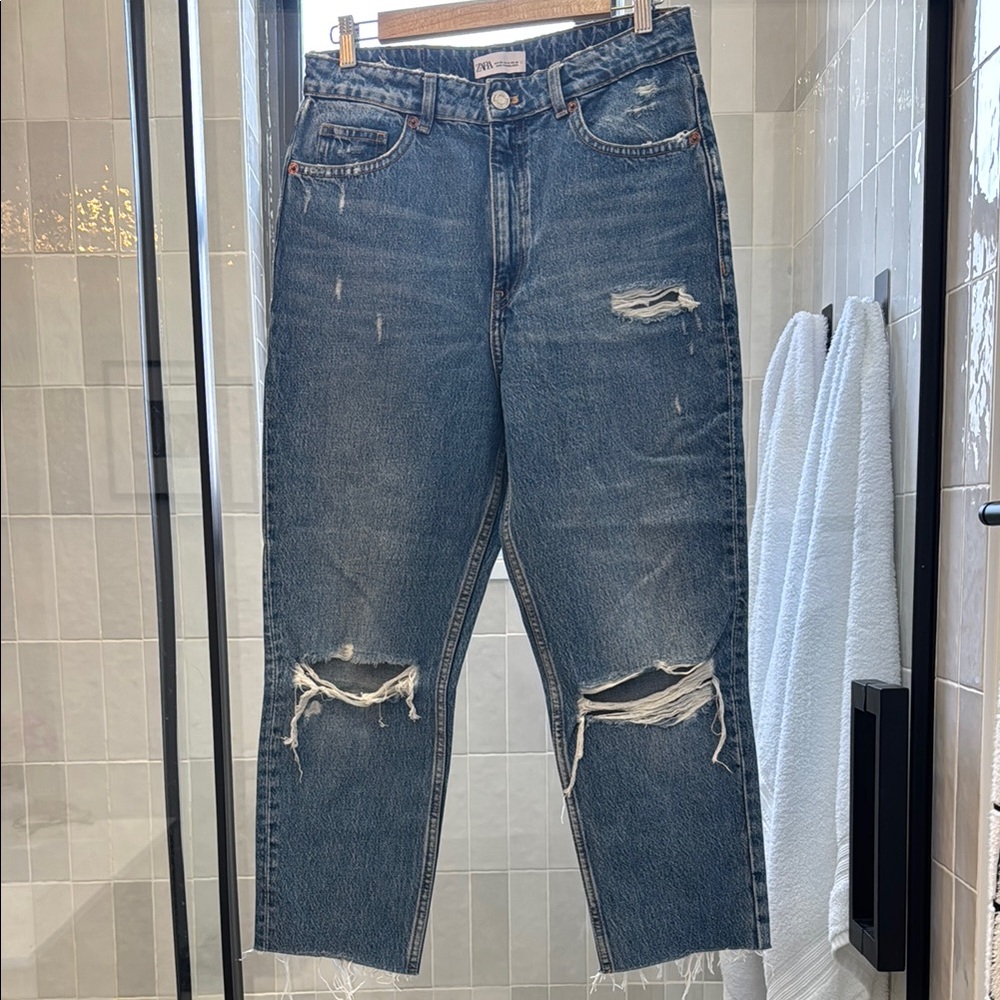 Zara Blue Relaxed Mom Jeans with Distressed Details